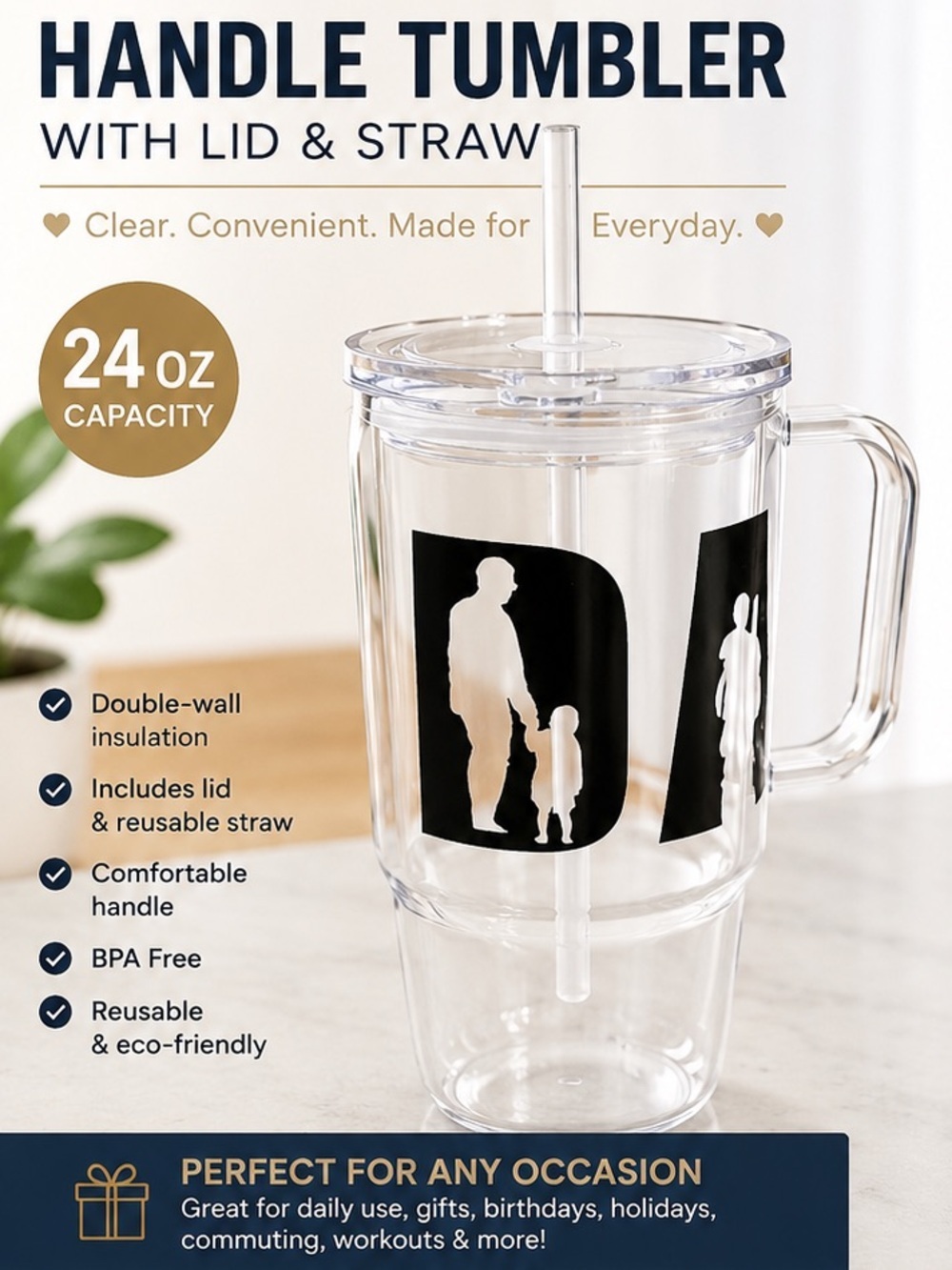 DAD Clear Double-Walled Tumbler with Black Graphic